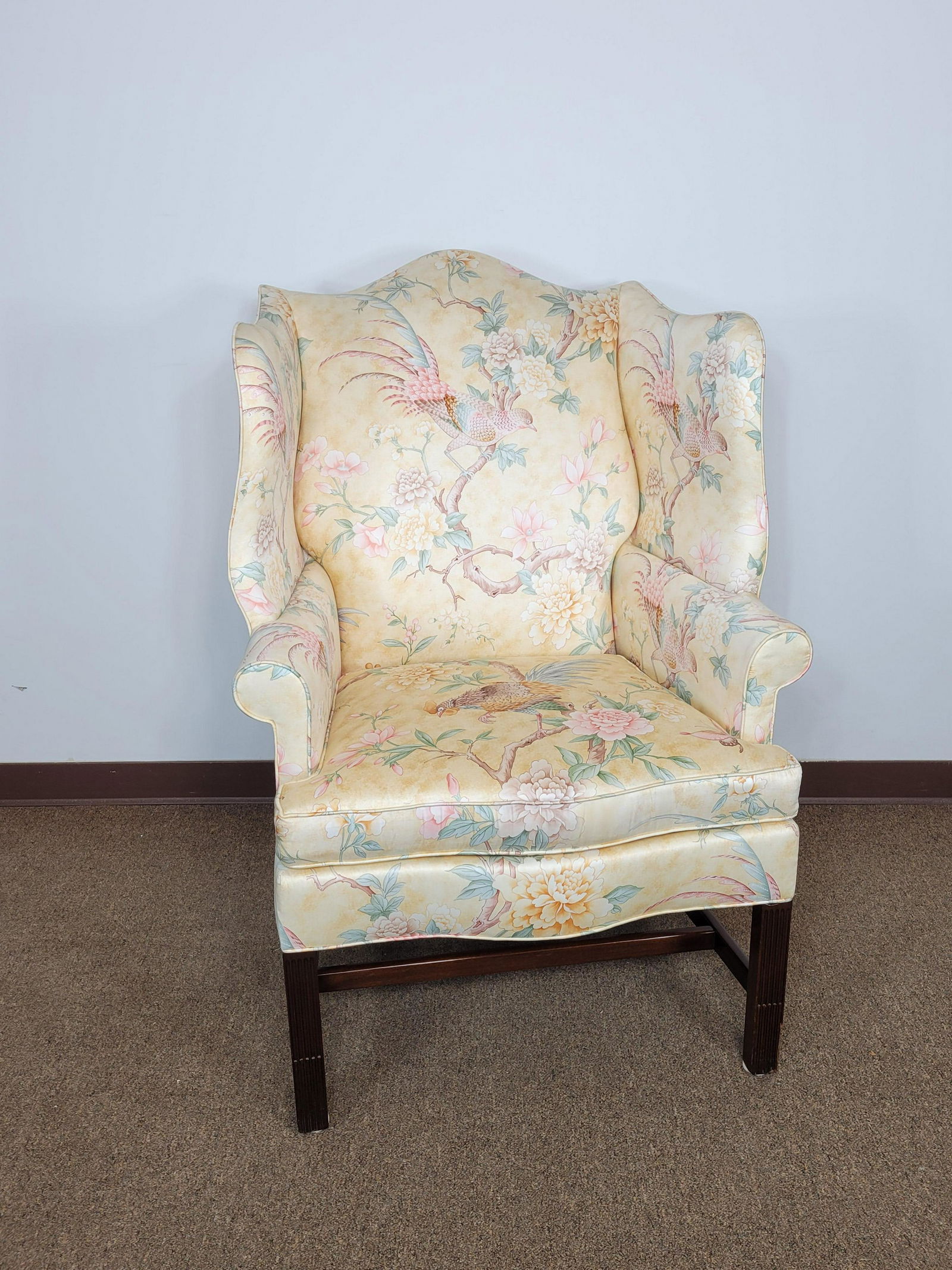 Hickory Chair Co Bird Upholstered Wingback Chair: 32" wide X 32 1/2" deep X 45 1/2" high. IMPORTANT: Before bidding, please read the terms and conditions. When you registered for the auction you agreed to these terms and will be required to comply wi