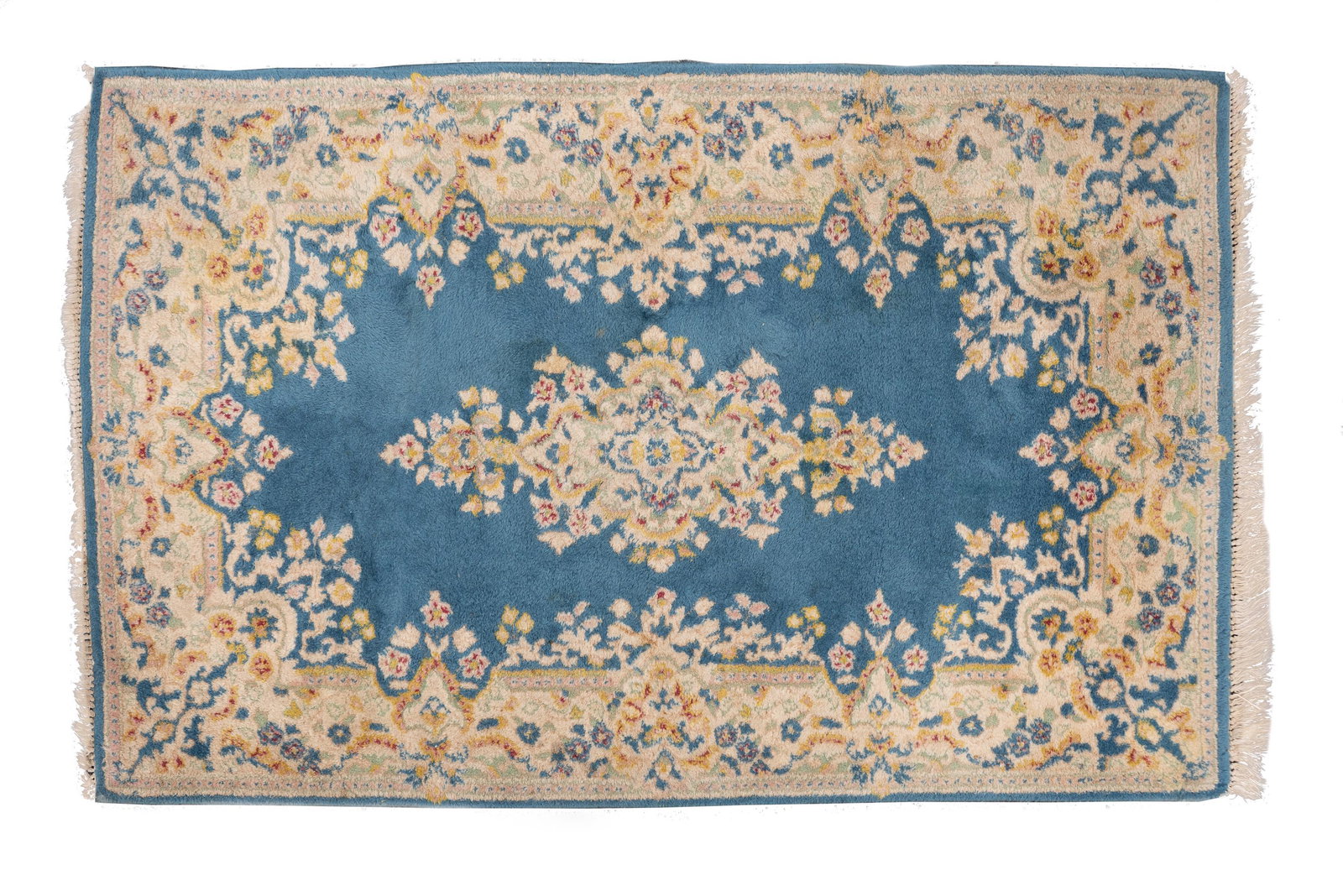 Blue and Cream Area Rug: Central medallion and cream accents on blue ground. 3'1" wide x 4'8" long. DP IMPORTANT: Before bidding, please read the terms and conditions. When you registered for the auction you agreed to these t