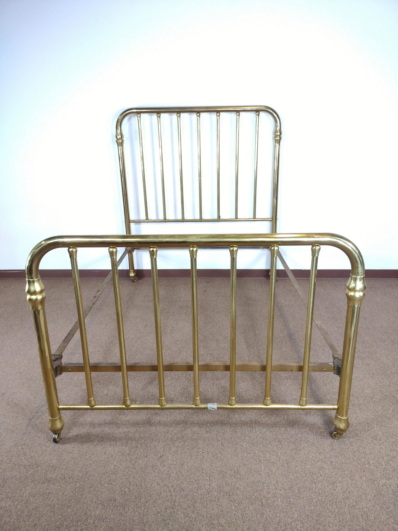 Brass Bed: 55" wide x 80" deep x 61-1/2" high. Surface wear and scratches. IMPORTANT: Before bidding, please read the terms and conditions. When you registered for the auction you agreed to these terms and will 