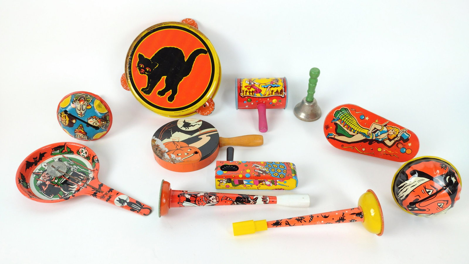 11 Vintage Tin Noisemakers incl. Halloween: Includes Kirchof and US Metal Toy Mfg. Co. 4" to 7-1/2" long. IMPORTANT: Before bidding, please read the terms and conditions. When you registered for the auction you agreed to these terms and will be