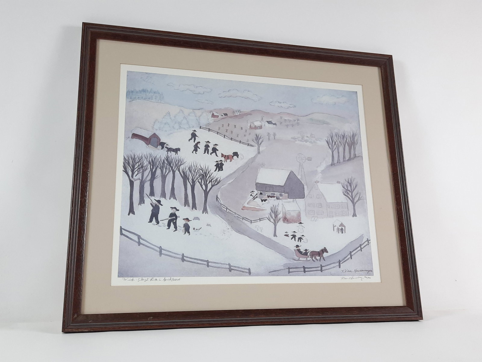 Xtian Newswagner Winter Sleigh Ride Ltd Print: Title: "Winter Sleigh Ride in Amish Land". Edition number 550 / 900. Overall with frame 21-3/4" high x 25" wide. LR IMPORTANT: Before bidding, please read the terms and conditions. When you registered