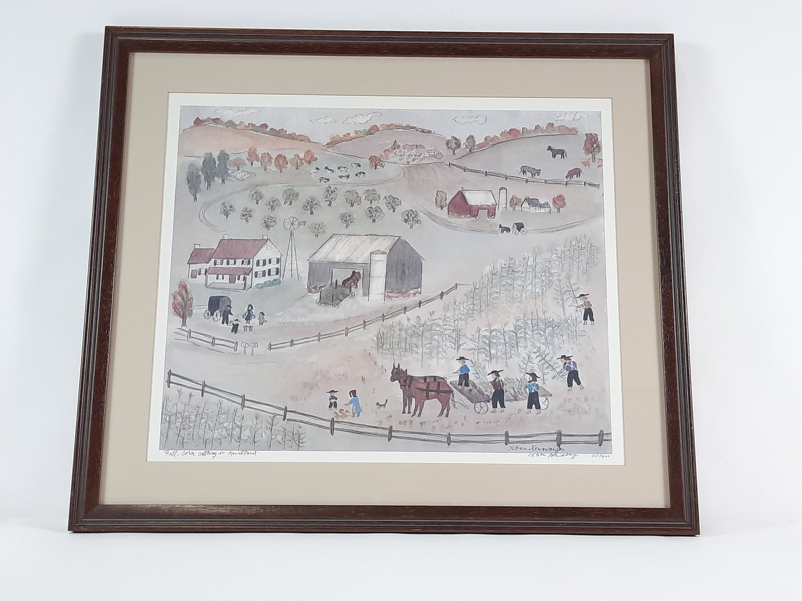 Xtian Newswagner Fall Corn Cutting Ltd Print: Title "Fall - Corn Cutting in Amish Land". Edition number 507 / 900. Overall with frame 21-3/4" high x 25" wide. LR IMPORTANT: Before bidding, please read the terms and conditions. When you registered