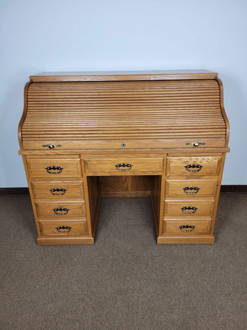 Roll Top Desk: 54" wide X 29" deep X 48 1/2" high. MG. IMPORTANT: Before bidding, please read the terms and conditions. When you registered for the auction you agreed to these terms and will be required to comply wi