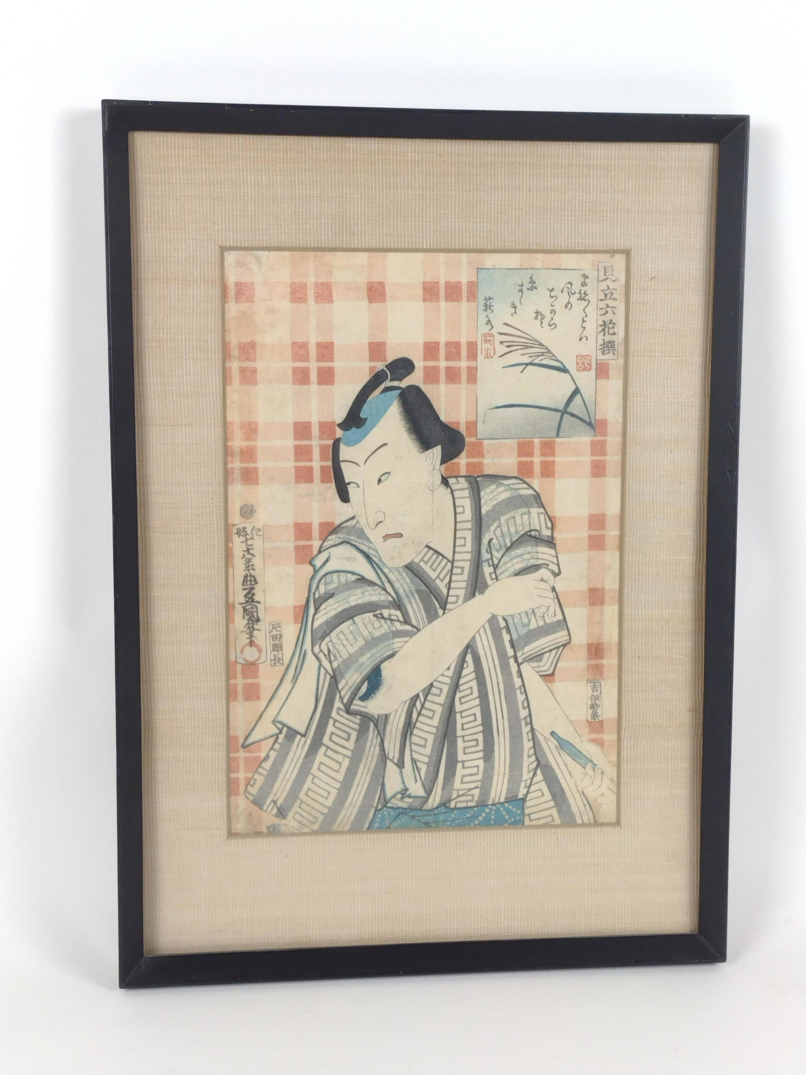 Utagawa Kunisada Mitate Rokkasen Woodblock: Woodblock print. Overall with frame 20-1/2" high x 14-1/2" wide. Print glued to mat board. LR IMPORTANT: Before bidding, please read the terms and conditions. When you registered for the auction you a