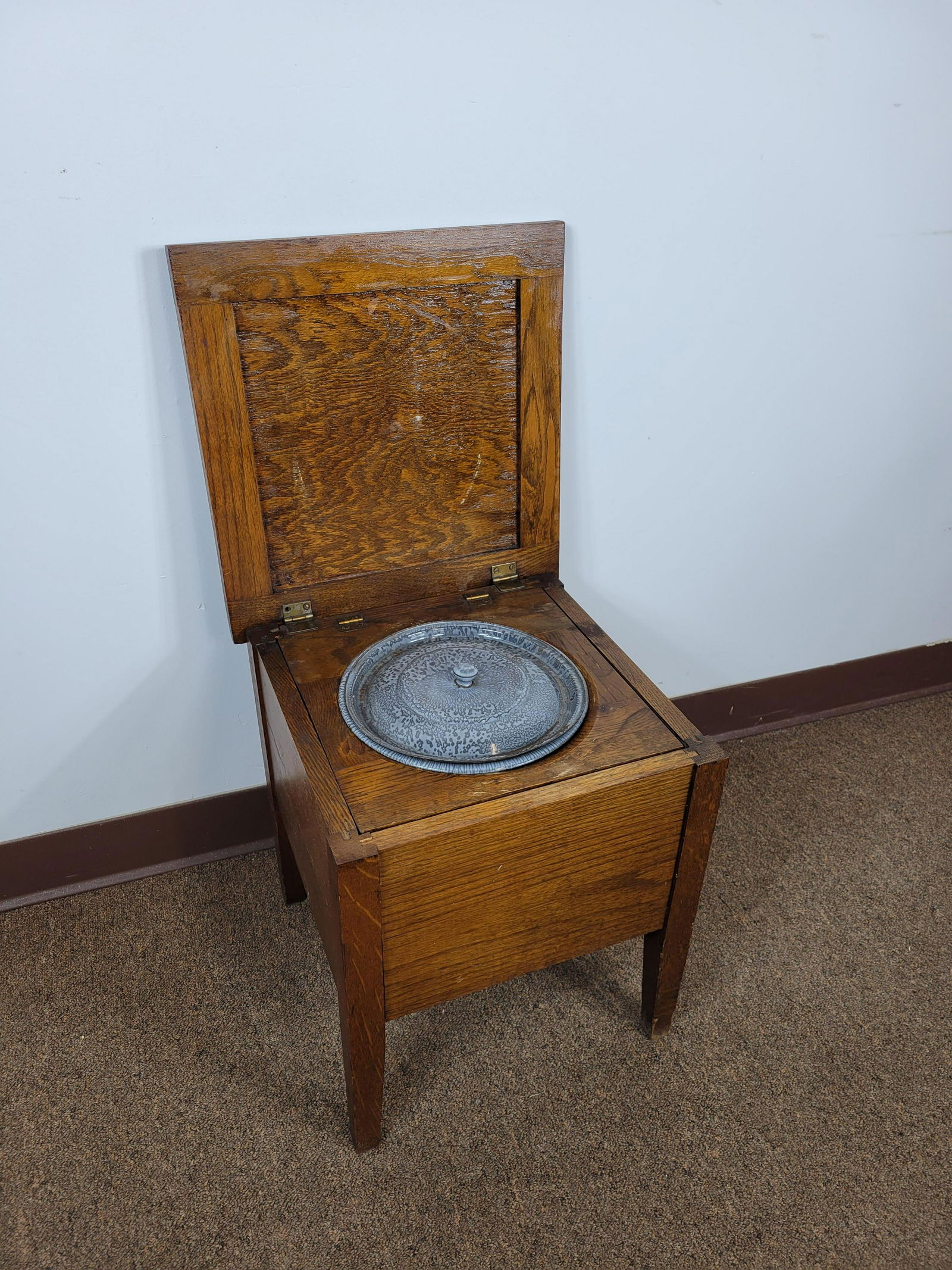 Antique Commode: 15" wide X 15" deep" X 16" high. MG. IMPORTANT: Before bidding, please read the terms and conditions. When you registered for the auction you agreed to these terms and will be required to comply with