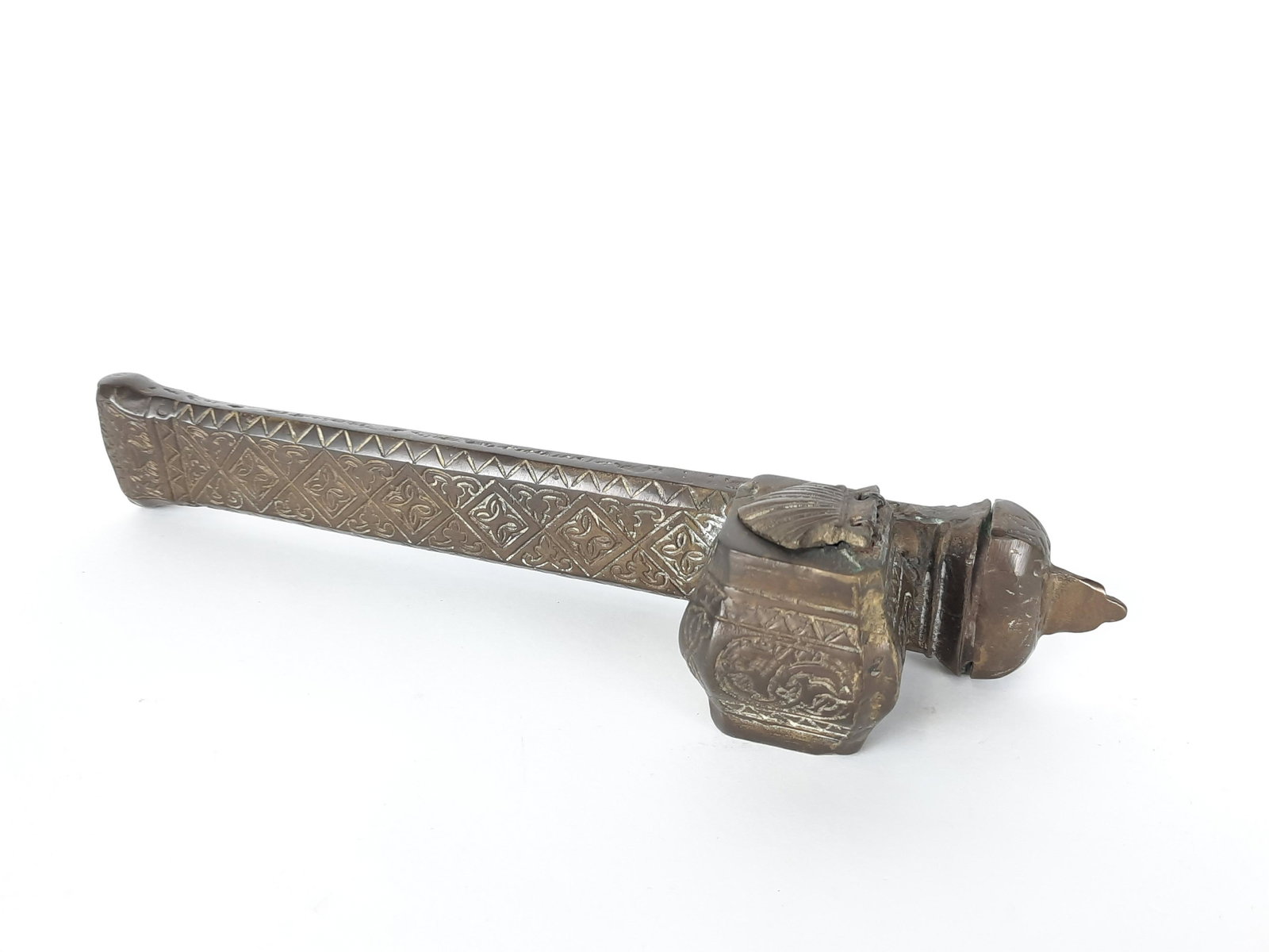 Antique Calligraphy Quill and Ink Holder: No markings. 2-1/4" wide x 9-1/2" long. Some oxidation. LR IMPORTANT: Before bidding, please read the terms and conditions. When you registered for the auction you agreed to these terms and will be re
