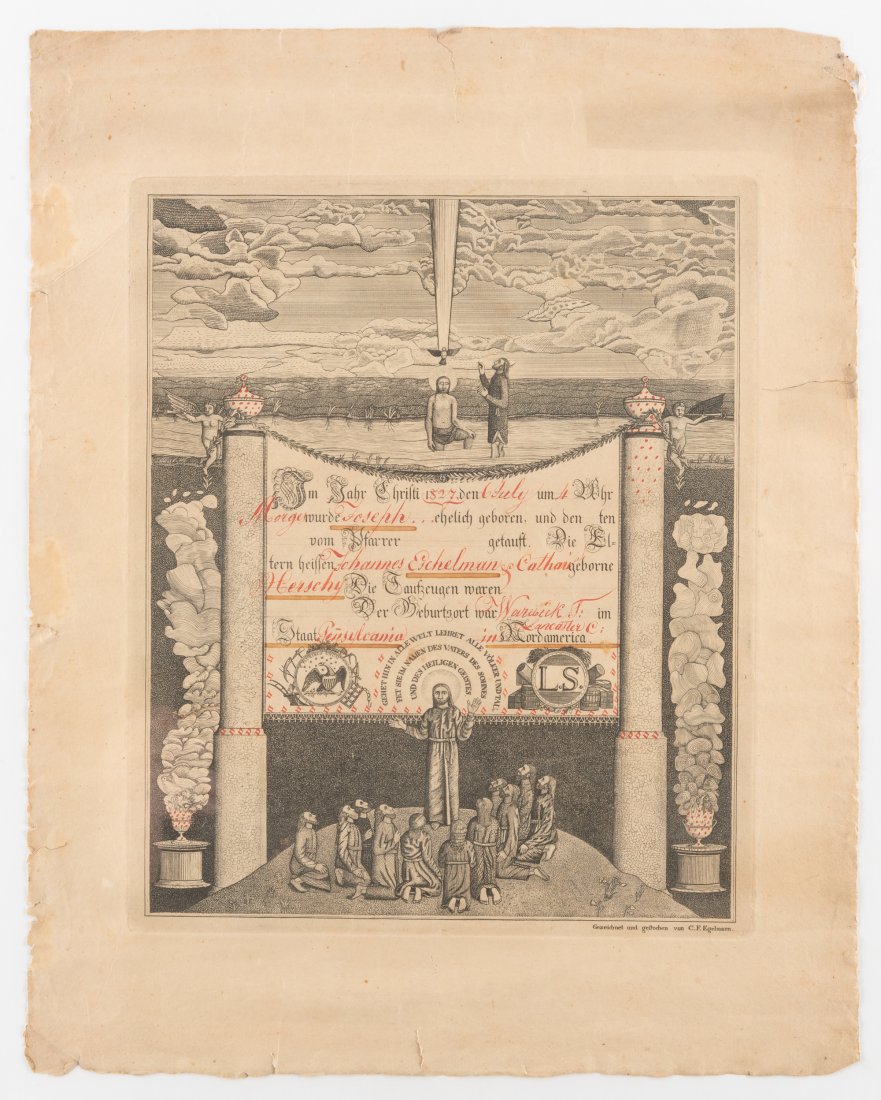 Engelmann Printed and Hand Scrivened Fraktur: DESCRIPTION: Engelmann printed and hand scrivened fraktur. Vertical black and white C.F. Englemann printed birth and baptismal record. With red scrivening noting the birth of Joseph, son of Johannes E
