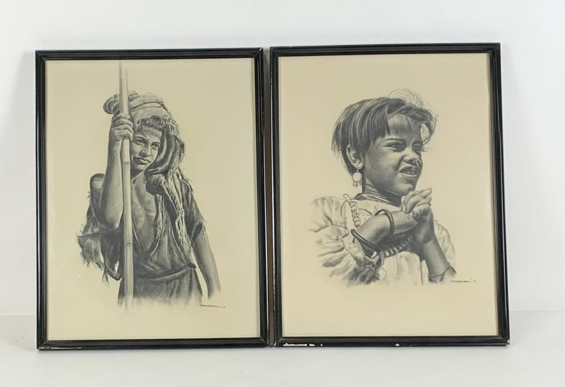 2 Meher Raheem Charcoal Drawings: 1971. Pakistani artist known for her portrait drawings. Overall with frames 21” high x 16 “ wide. Areas of loss to frames. RM IMPORTANT: Before bidding, please read the terms and conditions. When 