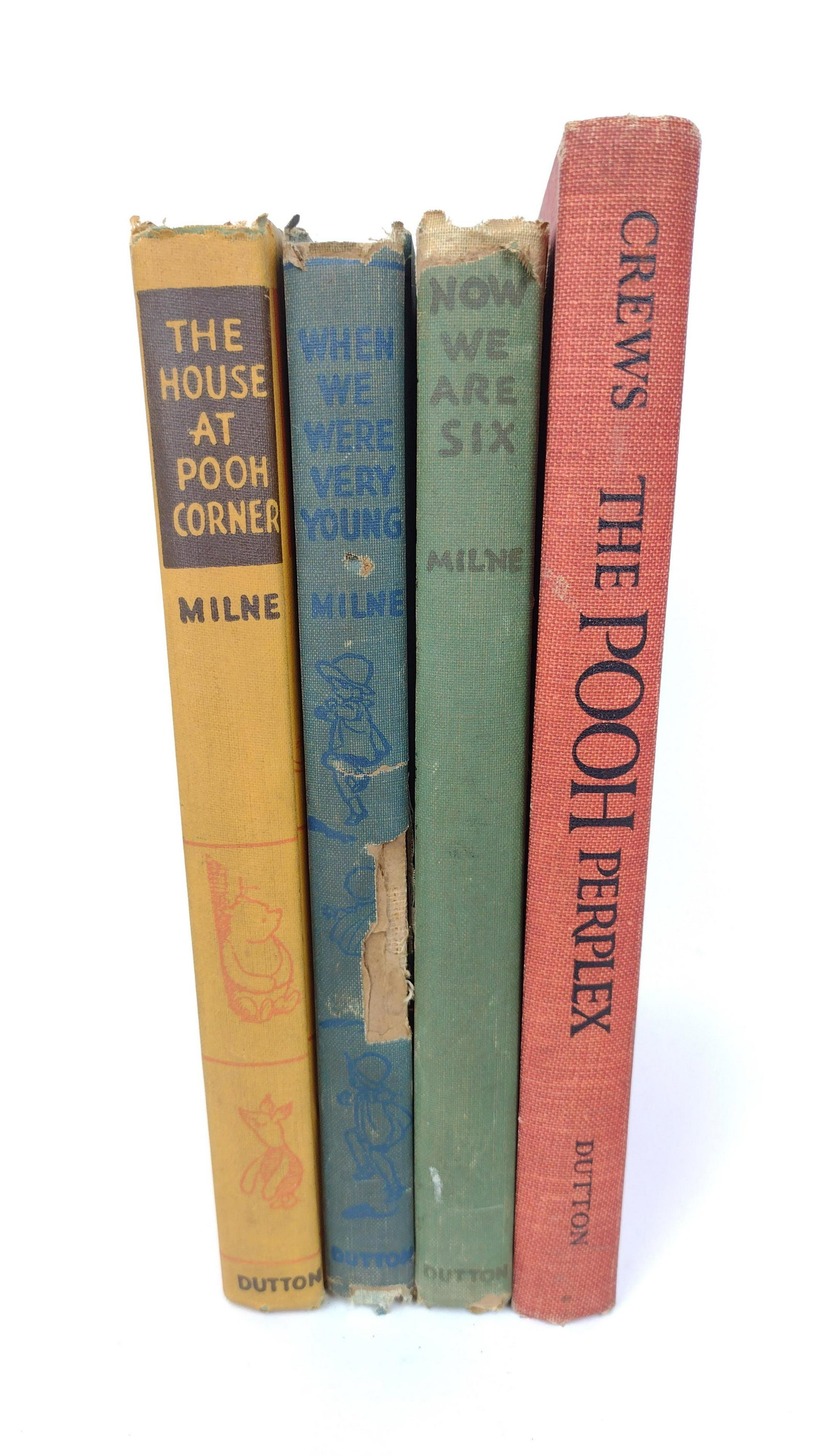 3 Vintage Hardcover A.A. Milne Books: Includes The House at Pooh Corner (printed 1939), When We Were Very Young (printed 1938), and Now We Are Six (printed 1939). Also includes The Pooh Perplex by Frederick Crews, copyright 1969. Some spi