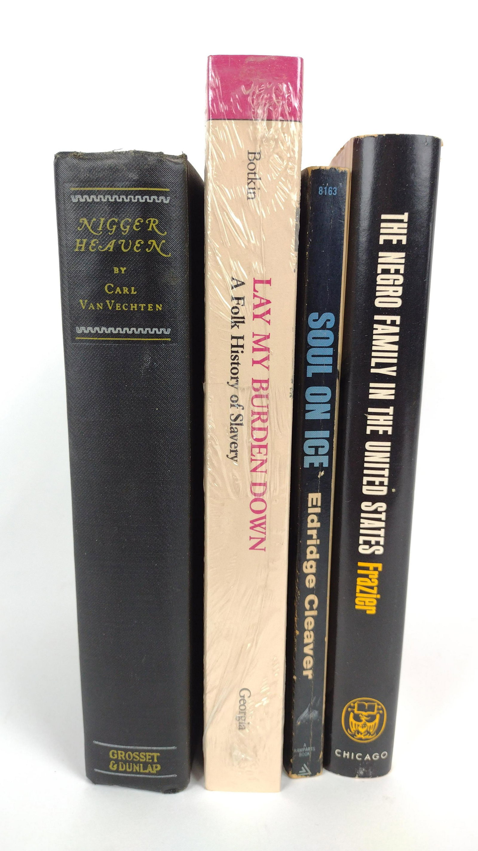 4 African American Literary and History Books: Includes Soul on Ice by Eldridge Cleaver copyright 1968, The Negro Family in the United States by E. Franklin Frazier printed 1969, Lay My Burden Down: A Folk History of Slavery by B.A. Botkin (in shr