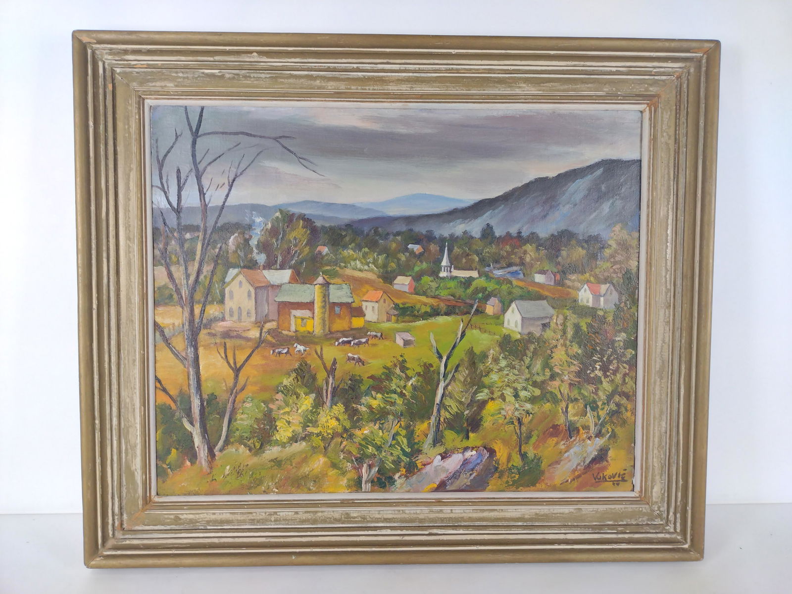 Marko Vukovic (1892-1973) "My Neighbors Farm" Painting: Overall with frame 31-3/4" high x 37-3/4" wide. From Yukoslavia, Marko Vukovic, a painter and graphic artist, came to the United States as a young man in 1911, and first settled in New York City. He b