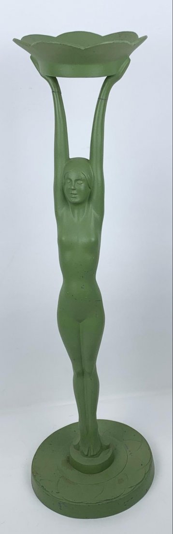 Frankart 1920s Nude Standing Ashtray: 7-1/2 â€œ diameter at base x 23-1/4 â€œ high. Repaired at hands. Wear to paint. Green ceramic dish with no markings. RM