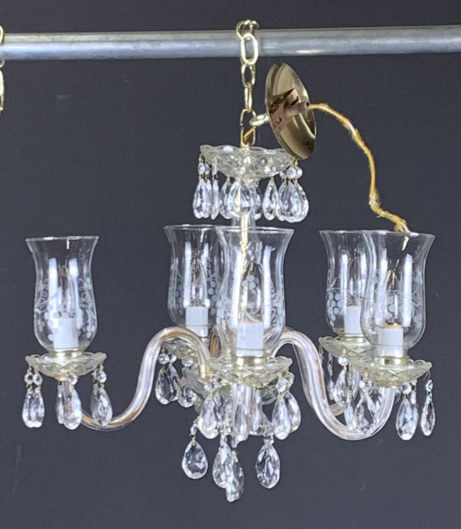 Lucite and Glass Chandelier: Missing half of one drop. 20 â€œ diameter x 23 â€œ high. RM