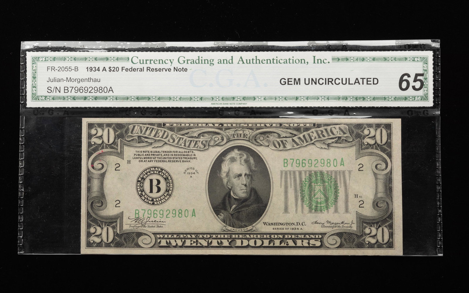 C.G.A. G.U. 65 1934A $20 Federal Reserve Note: Gem uncirculated 66. IMPORTANT: Before bidding, please read the terms and conditions. When you registered for the auction you agreed to these terms and will be required to comply with them.