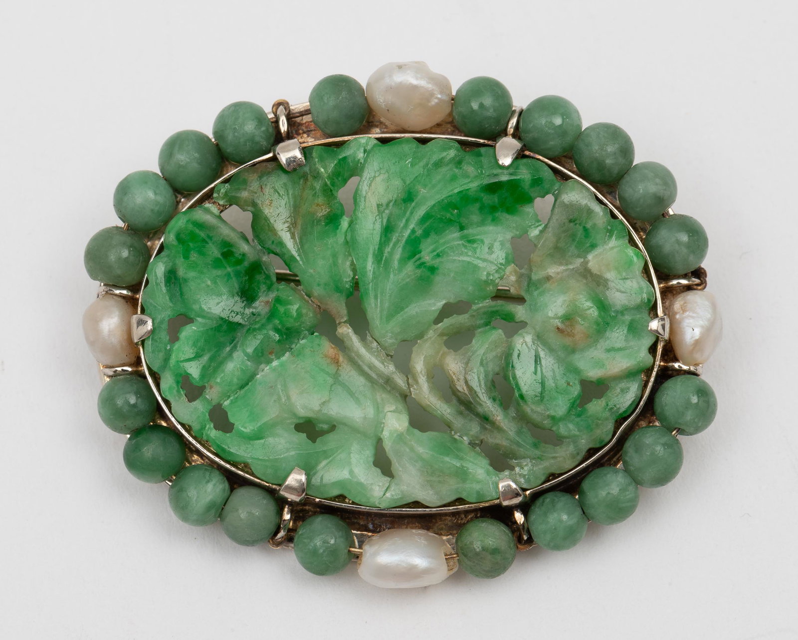 14K Carved Jade & Pearl Pin (1 of 3)
