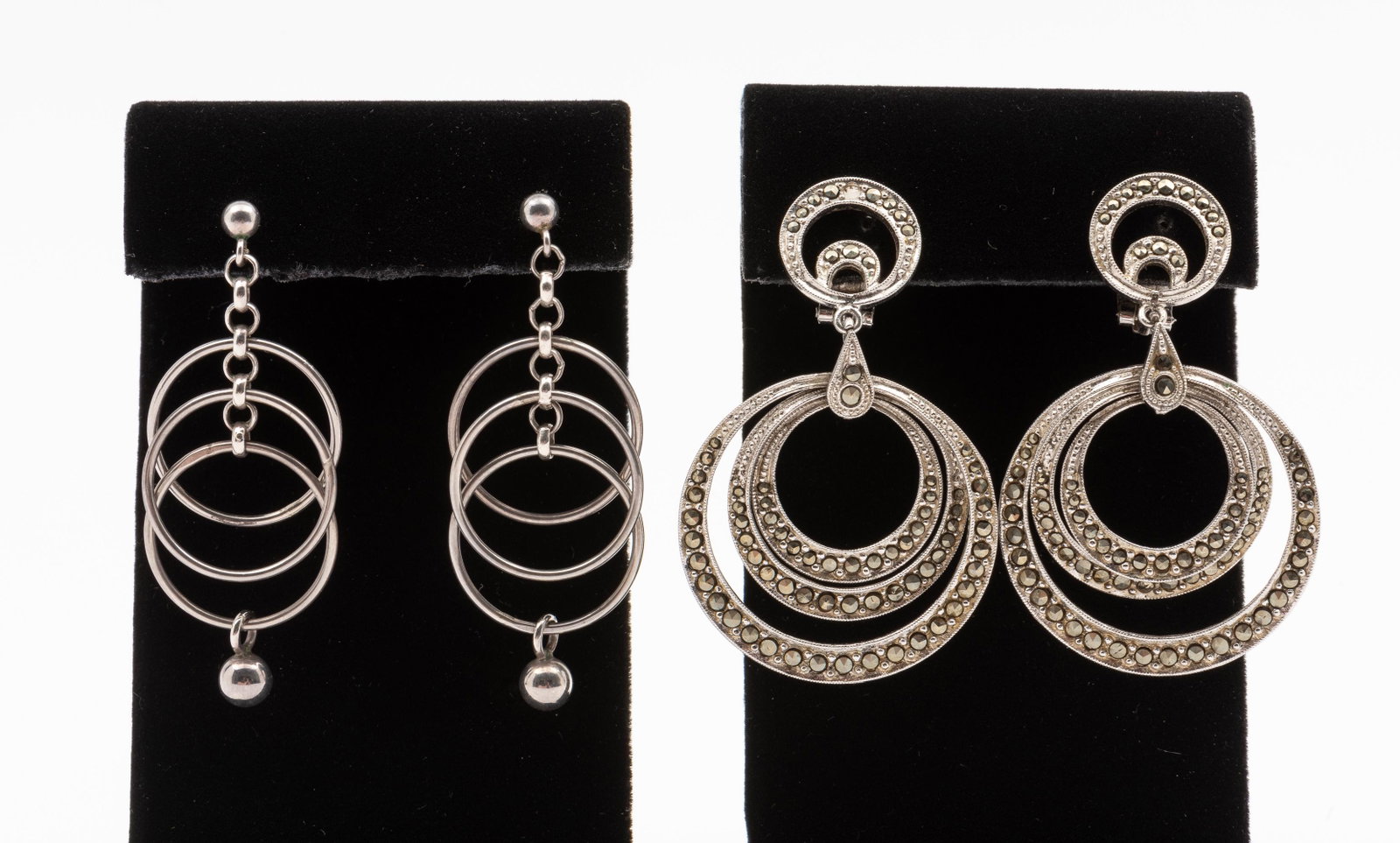 2 Pairs Sterling Earrings: Pierced stamped Norway. Clip with marcasite. 2" to 2-1/8" long. IMPORTANT: Before bidding, please read the terms and conditions. When you registered for the auction you agreed to these terms and will 