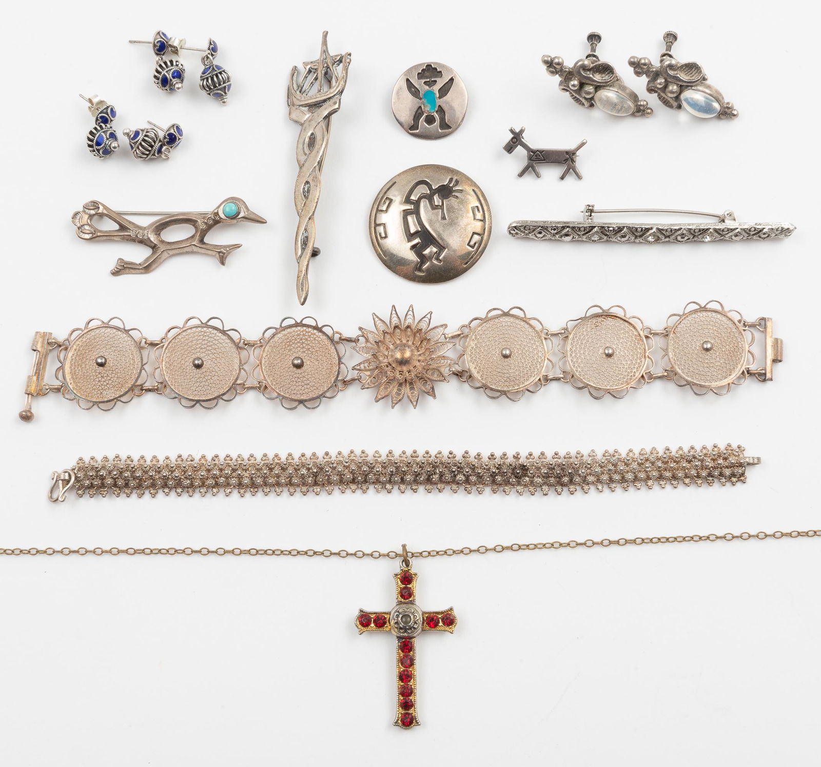 13 Pcs Sterling & Costume Jewelry: Includes silver medical pin 3" high, bracelets 7" to 7-1/2" long, pins 1" to 2-1/2" long. IMPORTANT: Before bidding, please read the terms and conditions. When you registered for the auction you agree
