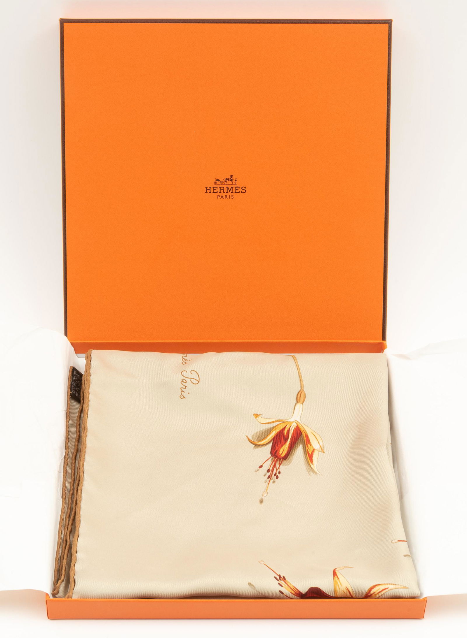 Hermes Scarf: Hermes silk scarf Fleurs de Fuschia, Leigh P. Cooke, from the 2006 Collection. 34" high x 34-3/4" wide. Includes original box. IMPORTANT: Before bidding, please read the terms and conditions. When you