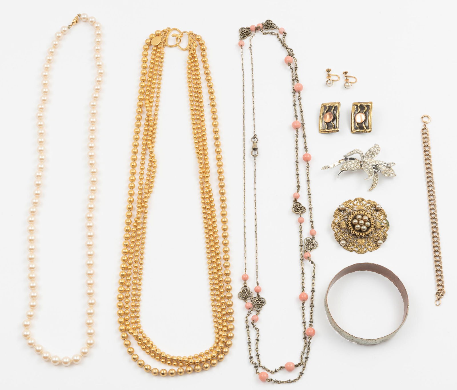 9 Pcs Vintage & Costume Jewelry: Includes cuff 2-1/2" interior diameter by 5/8" wide, bracelet 7-1/8" long x 1/4 wide, brooches 2" to 2-3/4" high x 1-3/4 to 2" wide, earrings 1/2" to 1-1/8" long, and necklaces 29-1/4" to 61" long. IM