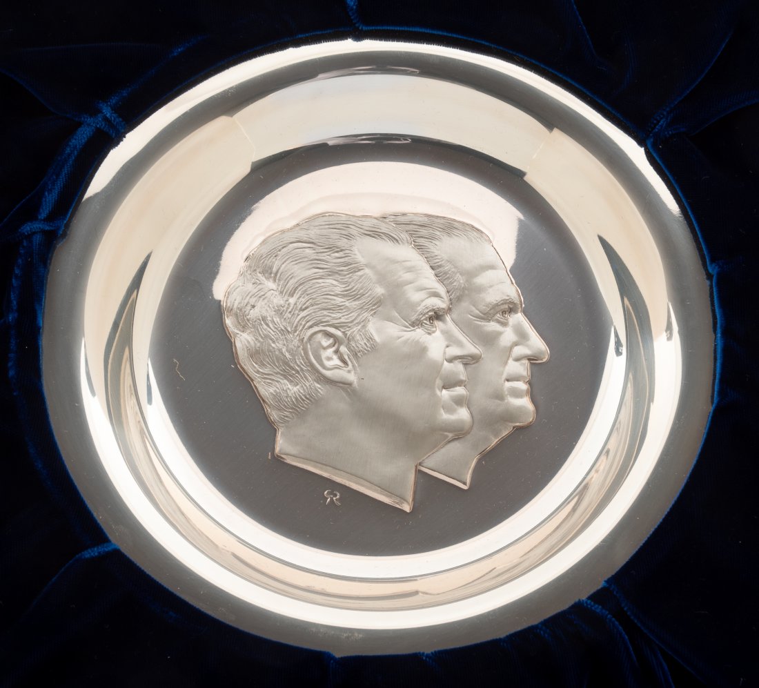 1973 Nixon/Agnew Presidential Inaugural Plate: .925, 11.6 ozt. Produced by Franklin Mint. IMPORTANT: Before bidding, please read the terms and conditions. When you registered for the auction you agreed to these terms and will be required to comply