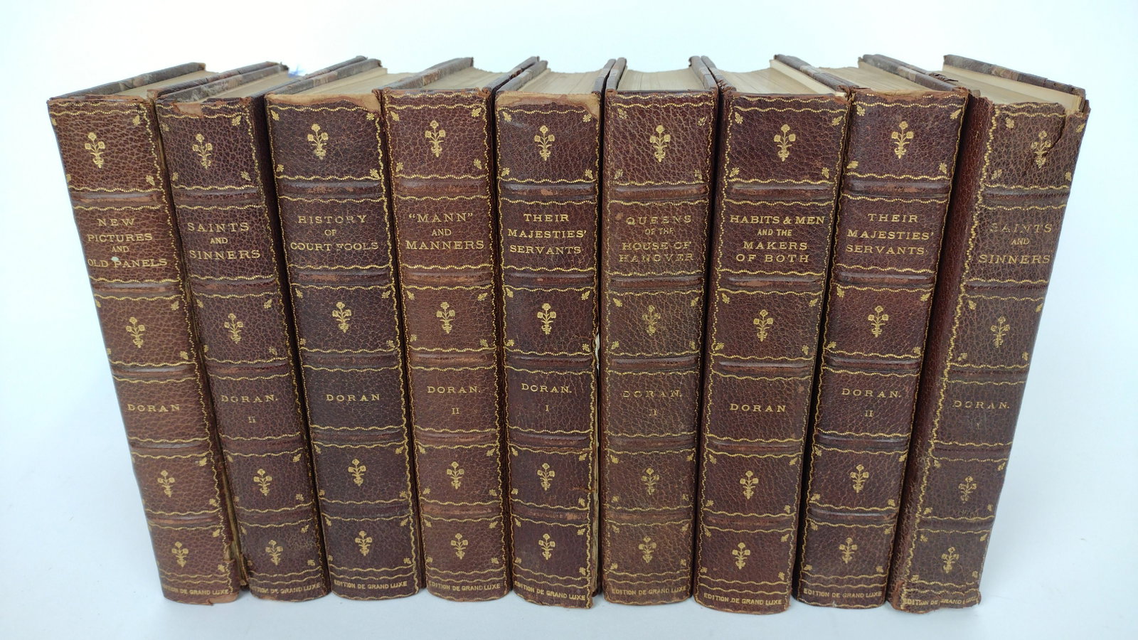 9 Vols. by John Doran: Edition de Grand Luxe, numbered 61 out of 250. Published by Francis A. Nicholls & Co. includes "Mann" and Manners, Their Majesties Servants, History of Court Fools, and more. Some spine wear and losse