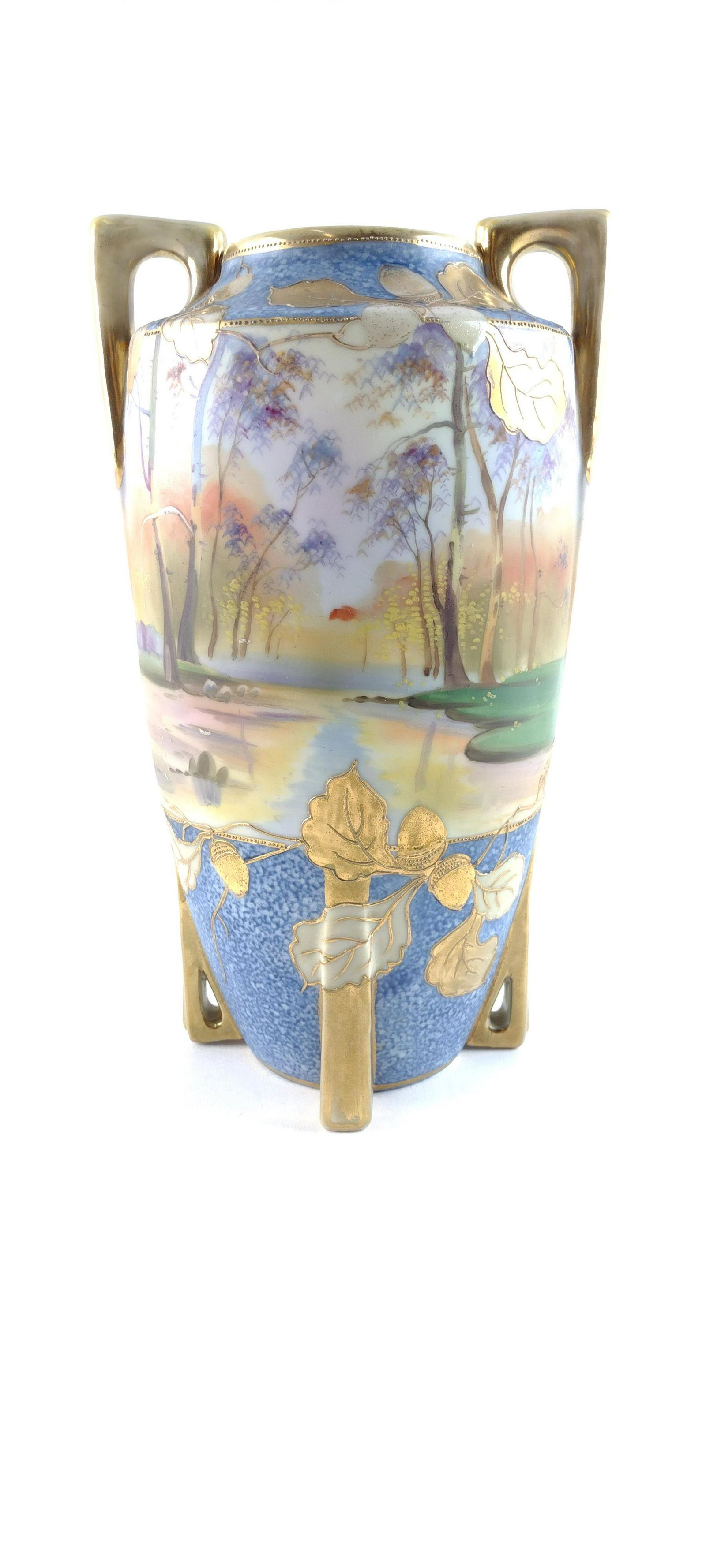 Nippon Landscape Painted Vase: 10-1/4" high x 6" diameter. DP. IMPORTANT: Before bidding, please read the terms and conditions. When you registered for the auction you agreed to these terms and will be required to comply with them.
