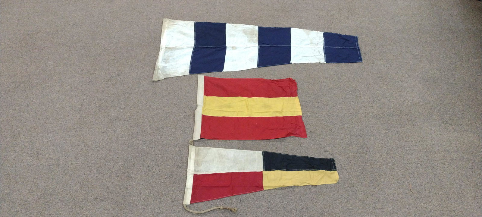 3 Naval Signal Flags Incl WWII: 14&1/4" to 25" high x 26-1/2" to 57-1/2" wide. DP. IMPORTANT: Before bidding, please read the terms and conditions. When you registered for the auction you agreed to these terms and will be required t