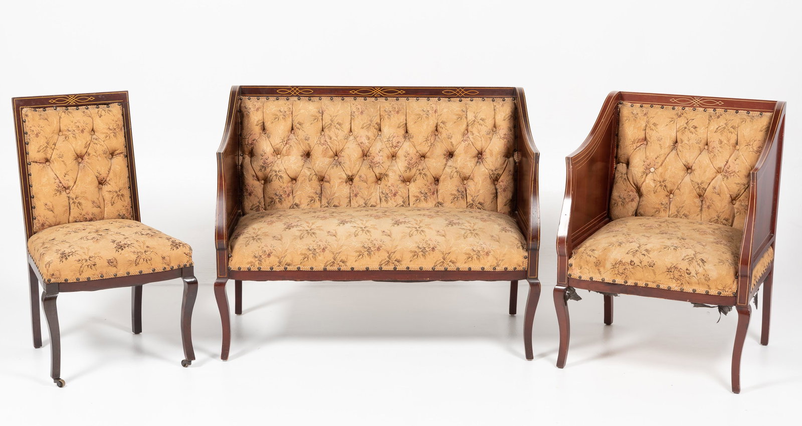 Edwardian Parlor Set: DESCRIPTION: Edwardian parlor set. Settee, arm chair, and side chair circa 1910. Settee 41" wide x 22-1/2" deep x 33" high. Armchair 23-3/4" x 22" deep x 33" high. Side chair 18-1/2" wide x 17-1/2" de