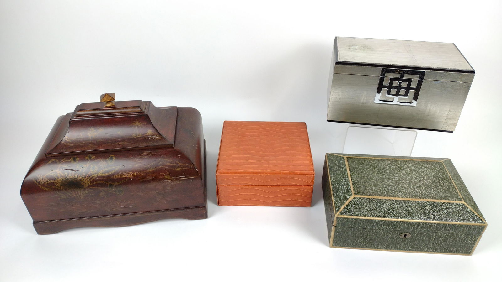 4 Decorative Boxes: 8-1/2" to 14" wide X 6-1/2" to 10" deep X 4" to 10-1/4" high. DM IMPORTANT: Before bidding, please read the terms and conditions. When you registered for the auction you agreed to these terms and will