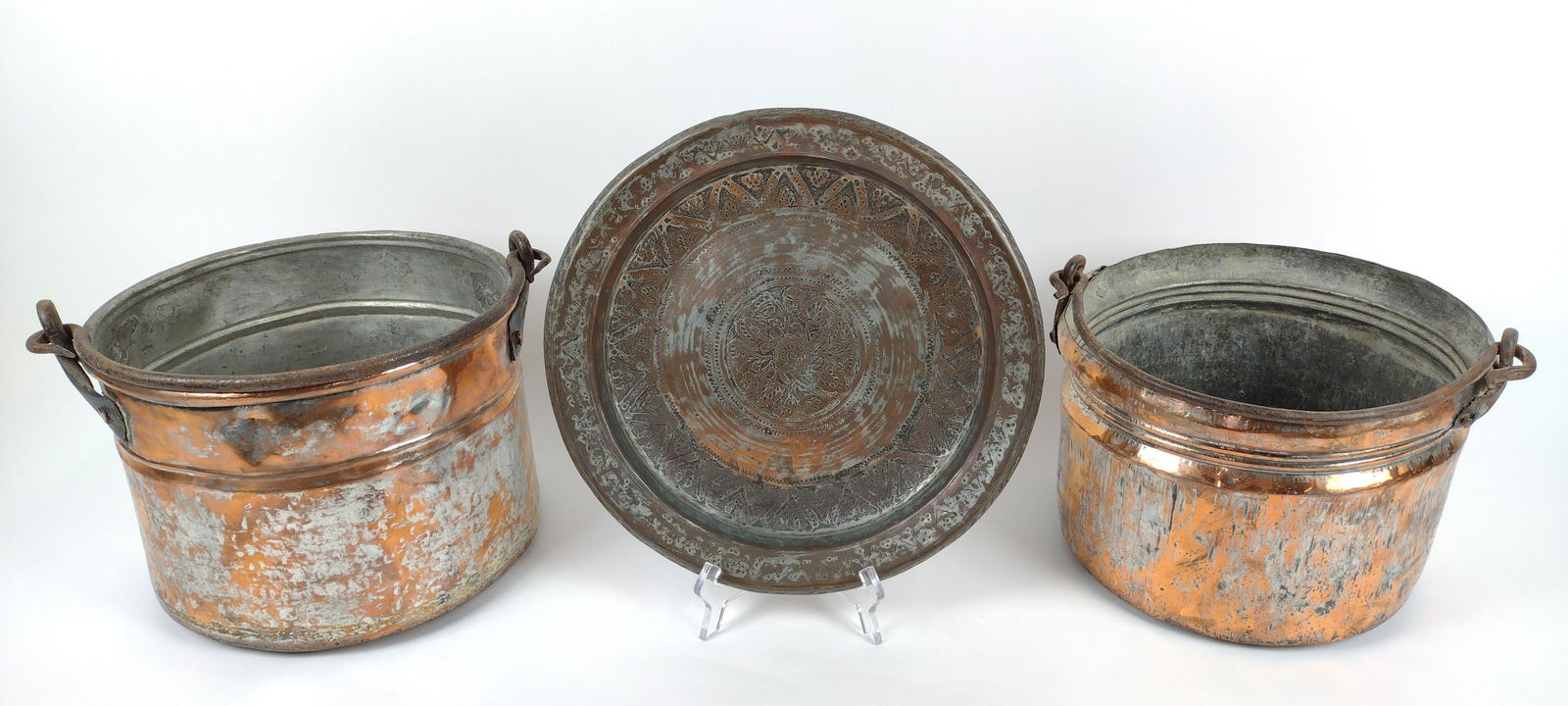 3 Primitive Copper Pails and Charger (1 of 6)
