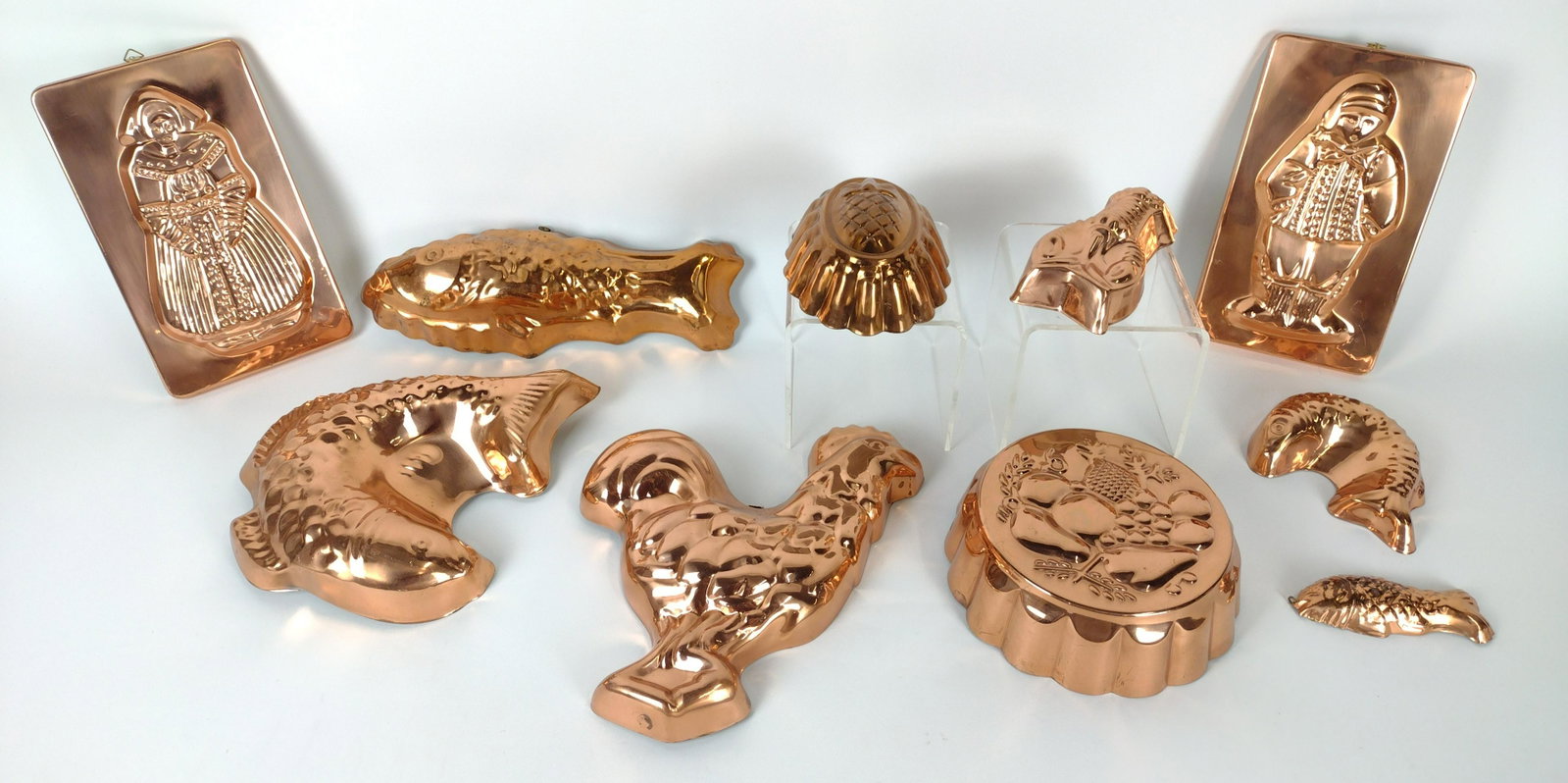 10 Copper Molds incl Douro: Also includes made in Portugal. 5" to 12-1/2" wide X 2" to 11-1/2" deep X 3/4" to 2-1/2" high. DM IMPORTANT: Before bidding, please read the terms and conditions. When you registered for the auction y