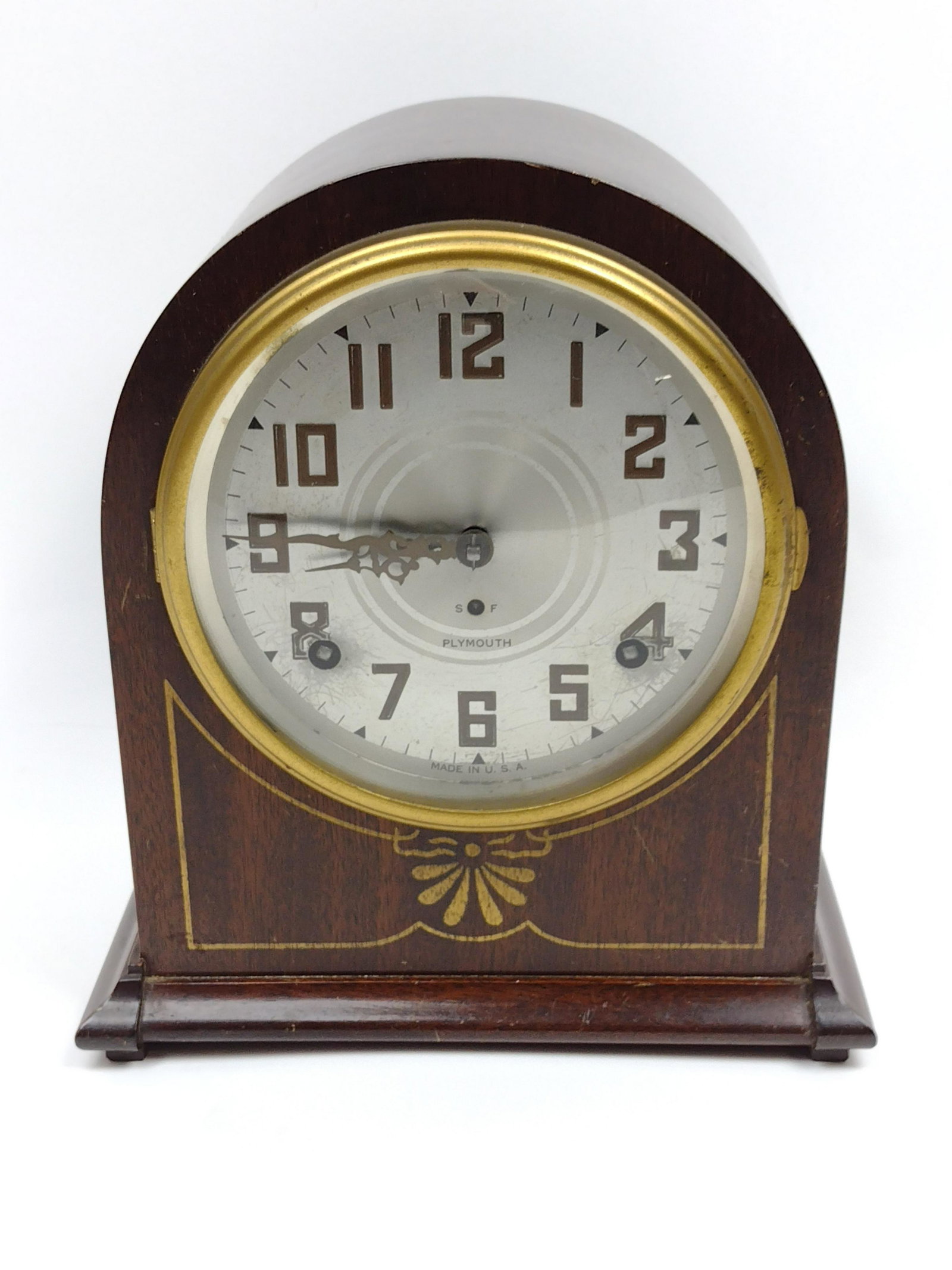 Plymouth Mantel Clock: Working. 8-3/4" wide X 5-1/2" deep X 9-3/4" high. DM IMPORTANT: Before bidding, please read the terms and conditions. When you registered for the auction you agreed to these terms and will be required