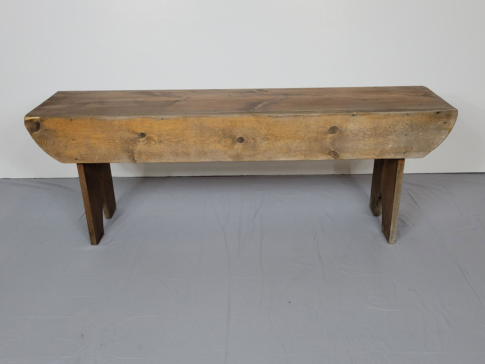 Primitive Bench: 48" wide X 12 1/2" deep X 15 3/4" high. Has loss at corner. MG. IMPORTANT: Before bidding, please read the terms and conditions. When you registered for the auction you agreed to these terms and will 