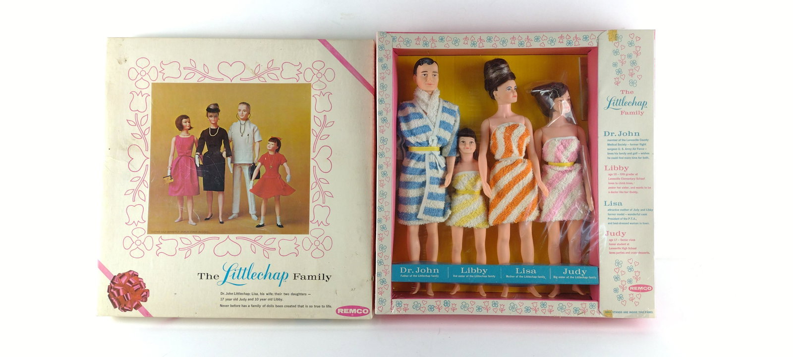 The Littlechap Family Set: MIP. Manufactured by Remco Industries Inc.,1963. Style number 1900. Box 17-1/4" high x 16-3/4" wide. Dolls 10-1/4" to 14-1/4" high. Sold as is. DP. IMPORTANT: Before bidding, please read the terms and