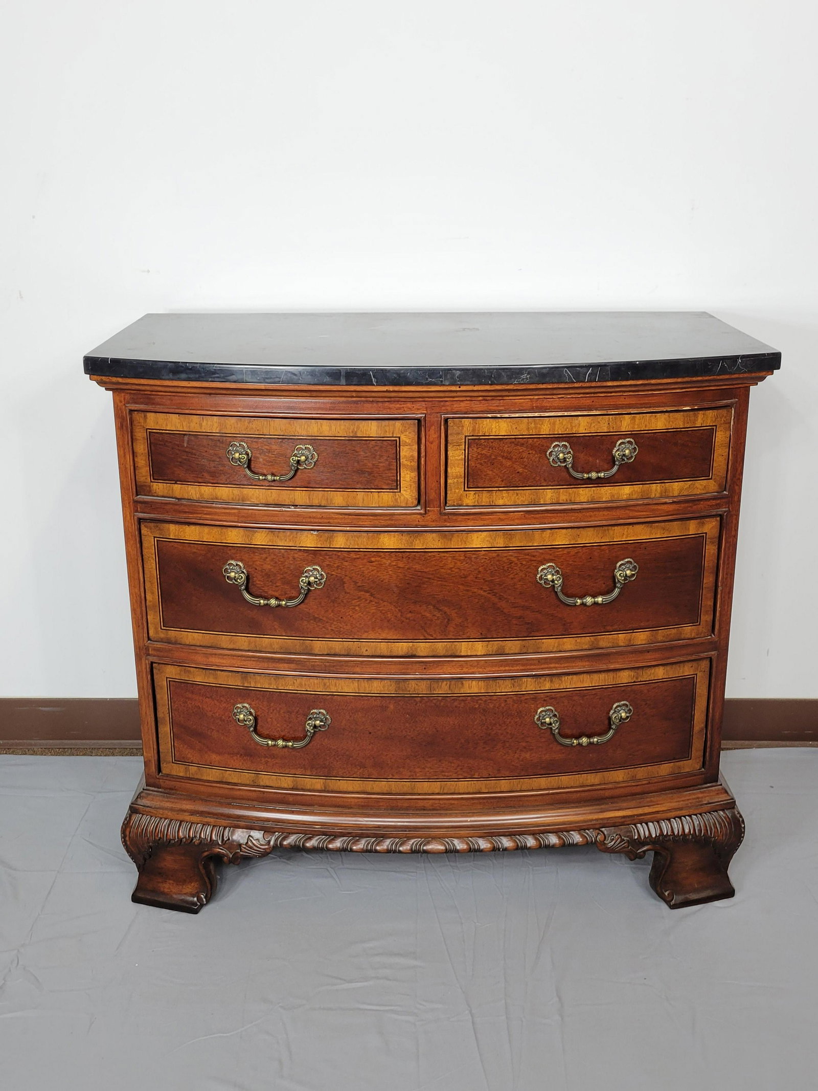 Universal Furniture Marble Top Night Stand: 36 1/2" wide X 19 1/2" deep X 33 1/4" high. MG. IMPORTANT: Before bidding, please read the terms and conditions. When you registered for the auction you agreed to these terms and will be required to c