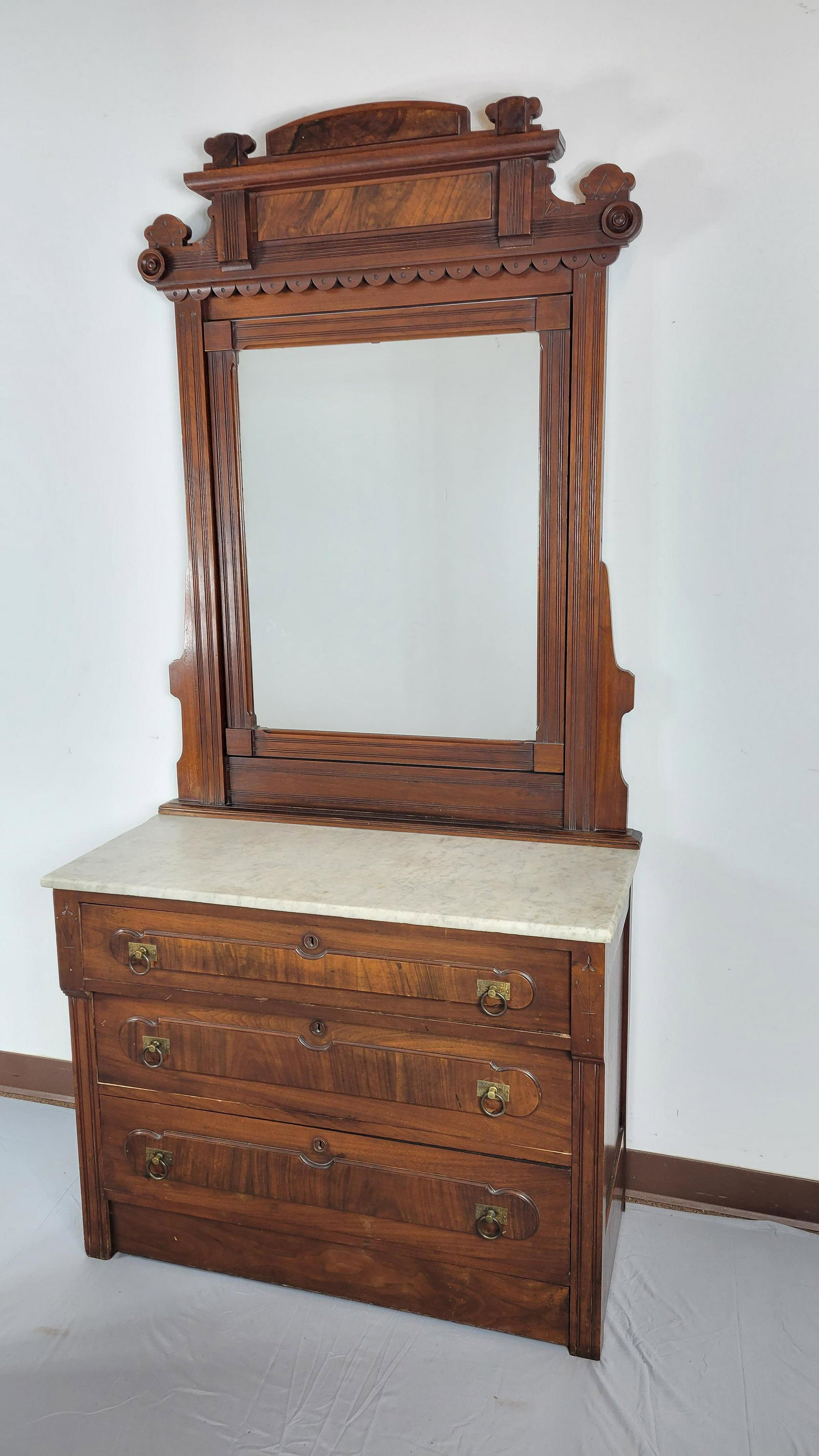 Victorian Marble Top Dresser With Mirror: 39" wide X 18" deep X 82" high. MG. IMPORTANT: Before bidding, please read the terms and conditions. When you registered for the auction you agreed to these terms and will be required to comply with t