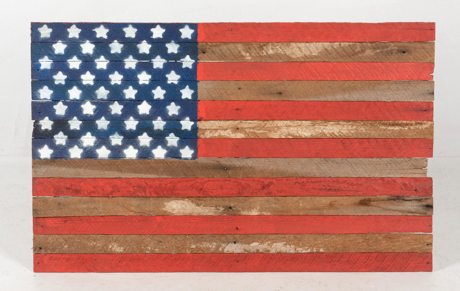 Reclaimed Wood American Flag: Manufactured by Lancey Doodle Flag Co. a division of Alexander Ragtime. It was made from wood reclaimed from the walls of the Ranch Cafe in Evanston. Wyoming which was built in the 1890s. 20-1/2" high