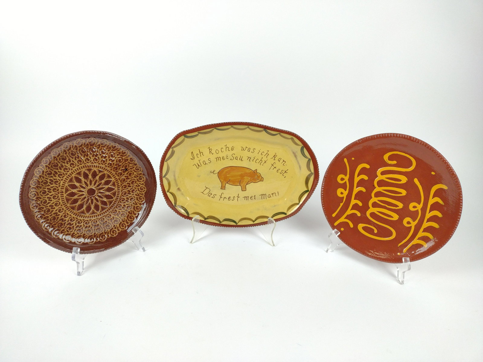 3 Pcs Huberhaus Redware including Platter: 9 1/2" to 12" wide. JK IMPORTANT: Before bidding, please read the terms and conditions. When you registered for the auction you agreed to these terms and will be required to comply with them.