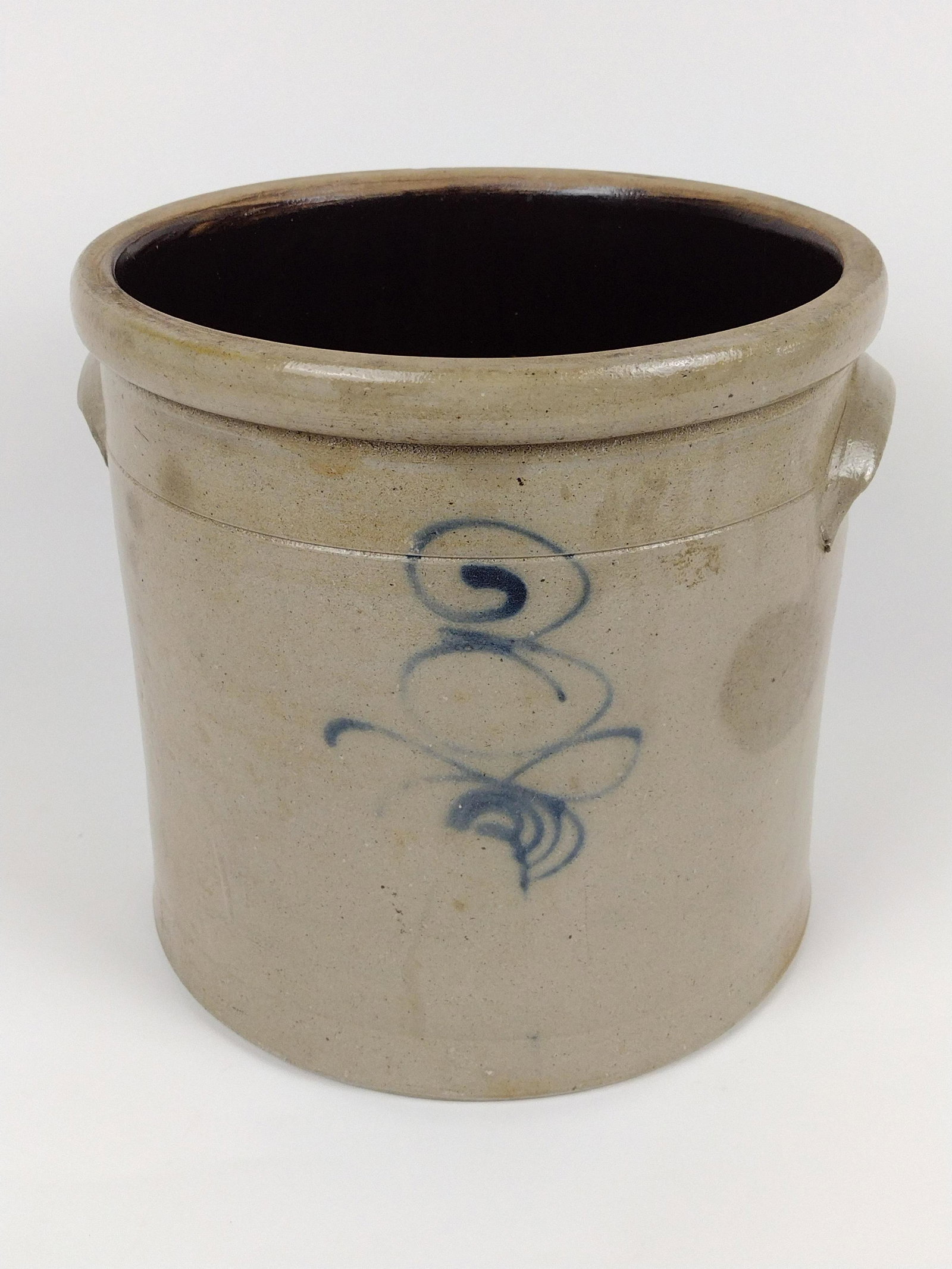 Cobalt Decorated Stoneware Crock: No maker's mark. 11" diameter X 10" high. DM IMPORTANT: Before bidding, please read the terms and conditions. When you registered for the auction you agreed to these terms and will be required to comp
