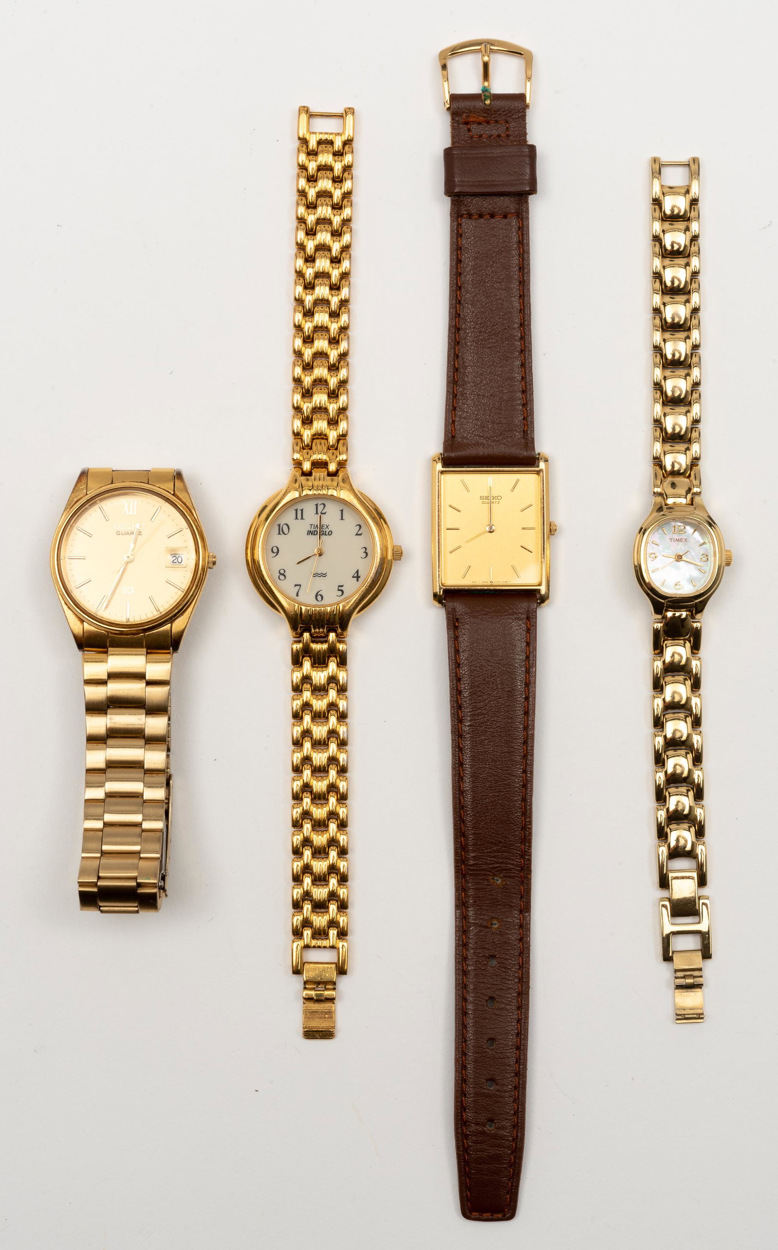 4 Wristwatches: 2 Timex and 2 Seiko. Not running. 7" to 9-1/2" long. IMPORTANT: Before bidding, please read the terms and conditions. When you registered for the auction you agreed to these terms and will be required
