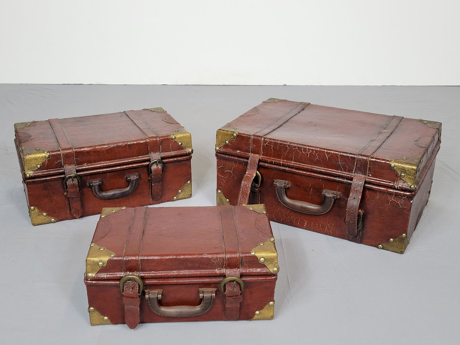 3 Pcs Leather Luggage with Brass Mounts (1 of 4)