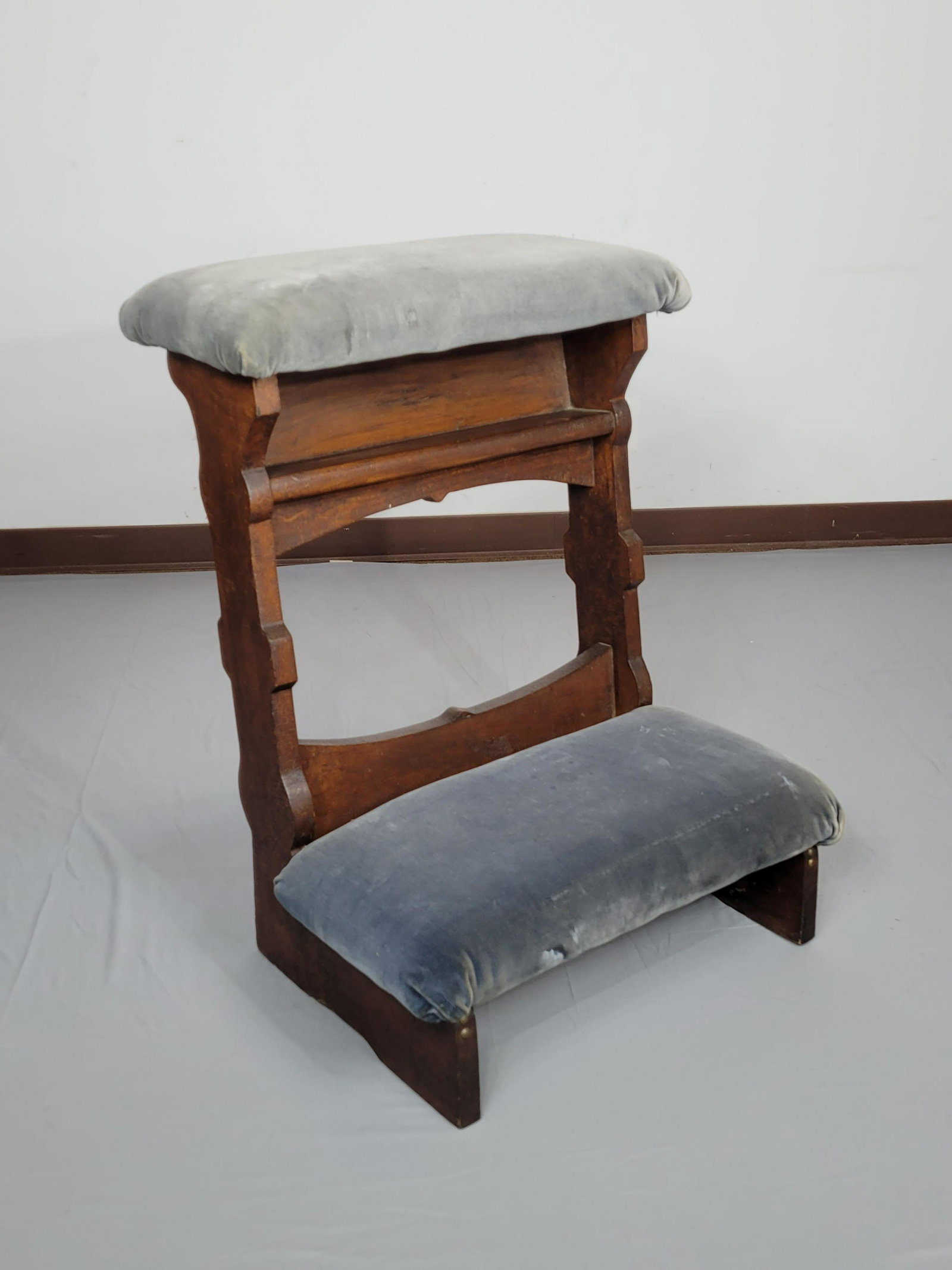 Prayer Bench: 24 1/2" wide X 22" deep X 32" high. Upholstery has some fading. MG. IMPORTANT: Before bidding, please read the terms and conditions. When you registered for the auction you agreed to these terms and w