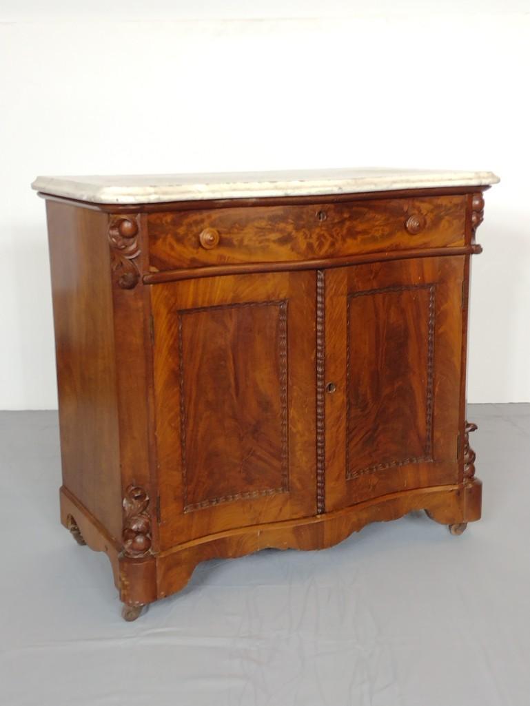 Marble Top Wash Stand: 33" wide X 18 1/4" deep X 31" high. Marble top is missing parts. Drawer has chip. MG. IMPORTANT: Before bidding, please read the terms and conditions. When you registered for the auction you agreed to