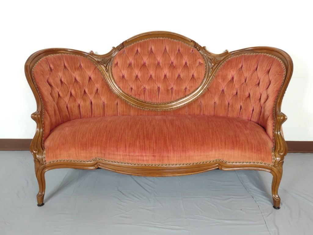 Victorian Settee: 67" wide X 31" deep X 38 1/2" high. Fabric has some fading. MG. IMPORTANT: Before bidding, please read the terms and conditions. When you registered for the auction you agreed to these terms and will 