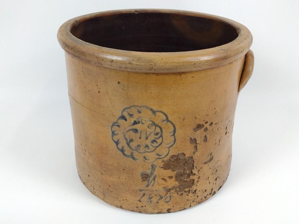 Cobalt Decorated Crock: 13" diameter X 10-3/4" high. No maker's mark. Losses & hairline cracks throughout. DM IMPORTANT: Before bidding, please read the terms and conditions. When you registered for the auction you agreed to