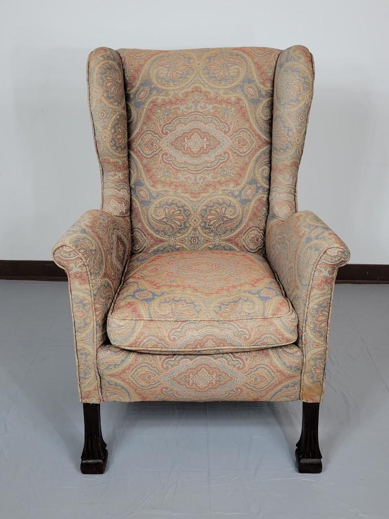 Wingback Chair: 30" wide X 27" deep X 45 1/2" high. MG. IMPORTANT: Before bidding, please read the terms and conditions. When you registered for the auction you agreed to these terms and will be required to comply wi