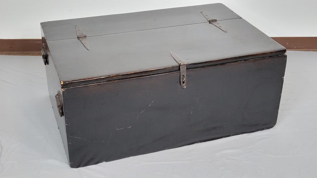 Wooden Trunk: 40" wide X 27 1/2" deep X 17" high. Has a few scratches. Front corner has chips. MG. IMPORTANT: Before bidding, please read the terms and conditions. When you registered for the auction you agreed to 