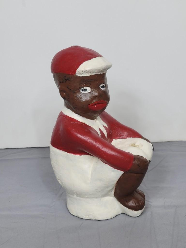 Cement Fisher Boy Yard Ornament: 5" wide X 7" deep X 11" high. Missing fishing pole. MG. IMPORTANT: Before bidding, please read the terms and conditions. When you registered for the auction you agreed to these terms and will be requi