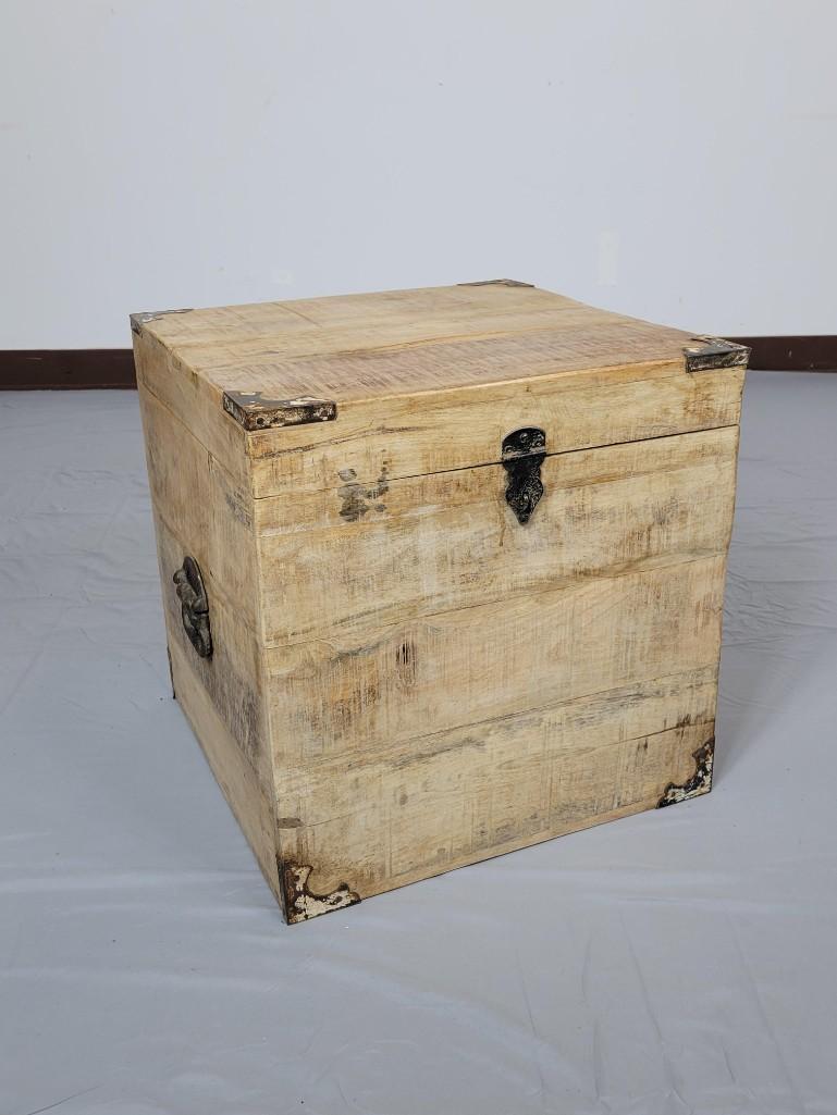 Storage Chest: 18" wide X 18" deep X 18 1/4" high. Metal parts distressed. MG. IMPORTANT: Before bidding, please read the terms and conditions. When you registered for the auction you agreed to these terms and will 