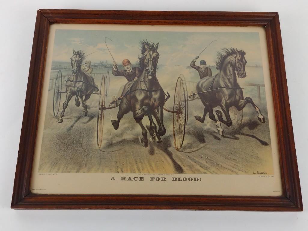 Currier & Ives A Race For Blood Print: Full color reproduction. Overall with frame 12-1/4" high x 15-1/4" wide. DP. IMPORTANT: Before bidding, please read the terms and conditions. When you registered for the auction you agreed to these te
